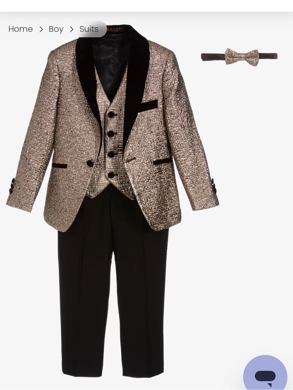 Romano Boys' Metallic Gold & Black Tuxedo Jacket, Vest, Bow Tie & Pants Set